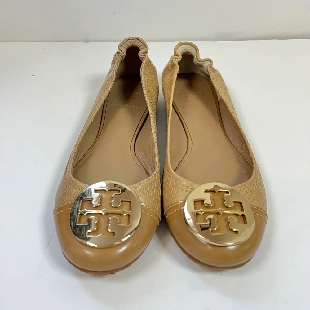 Tory Burch Reva Snake Embossed Leather Ballet Flats Tan Gold Logo 8M